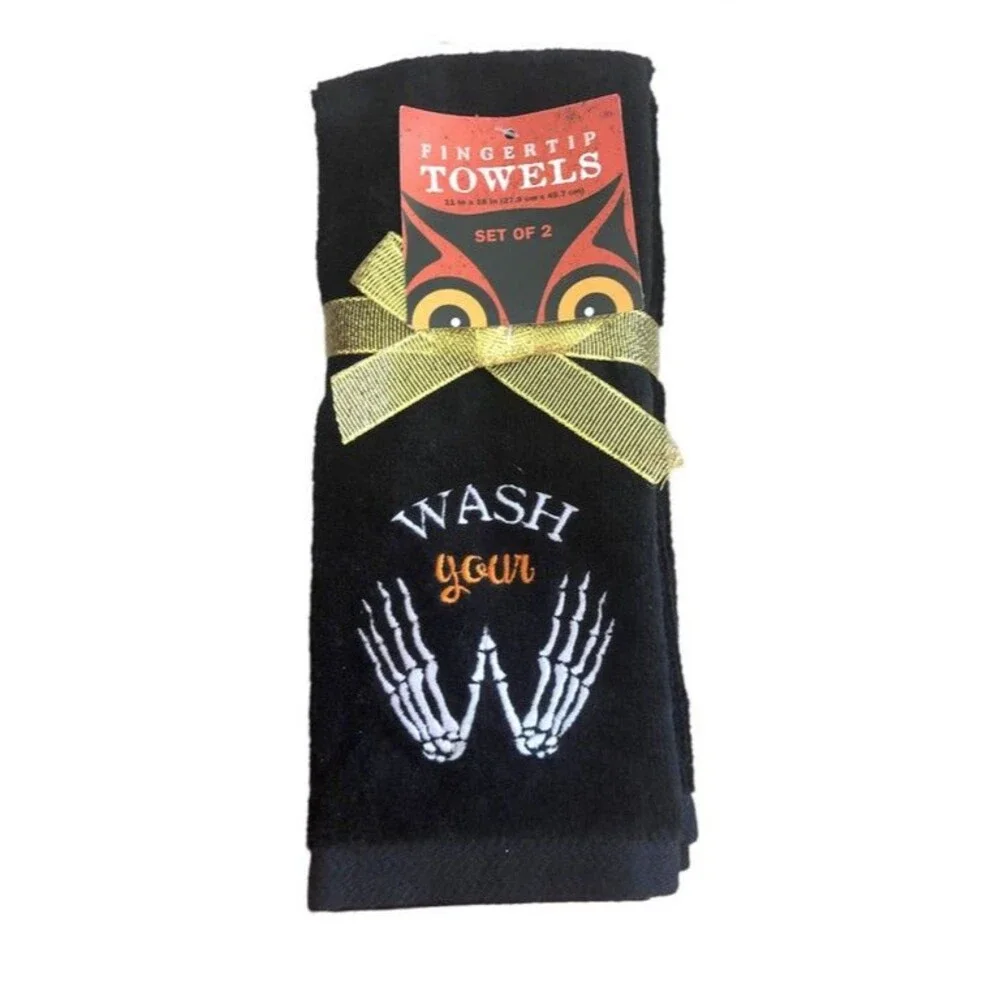 Halloween Fingertip Towels Embroidered Black Wash Your Skeleton Hands Set of 2